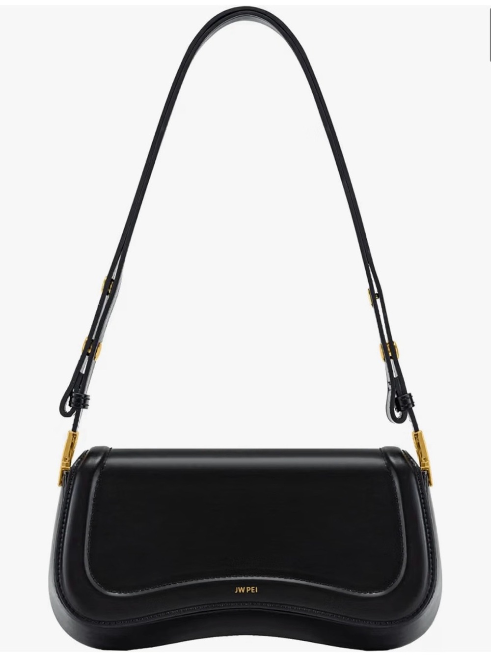JW PEI Black Curved Leather Shoulder Bag with Gold Hardware
